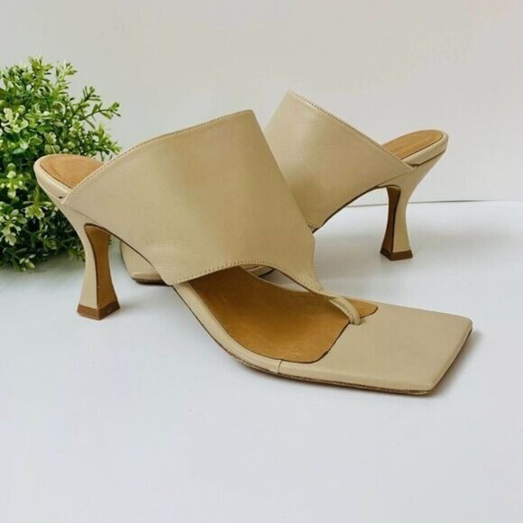 Revolve Toral Mule Thong Square Sandal Heel Sz 41EU Sand Leather Made in Spain - Picture 1 of 13